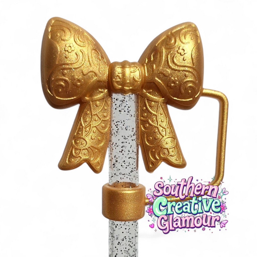 Paisley Princess 3D Bow Silicone Straw Topper | Gold Shimmer