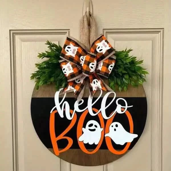 Halloween Round Wooden Board Front Door Decoration Wreath