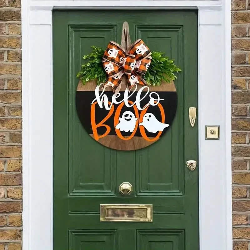 Halloween Round Wooden Board Front Door Decoration Wreath