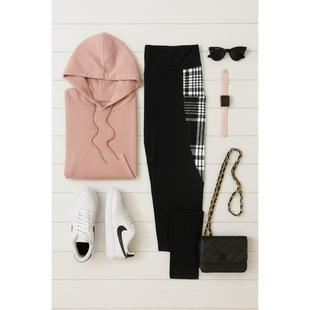 Gabby - Black And White Plaid Panel Leggings
