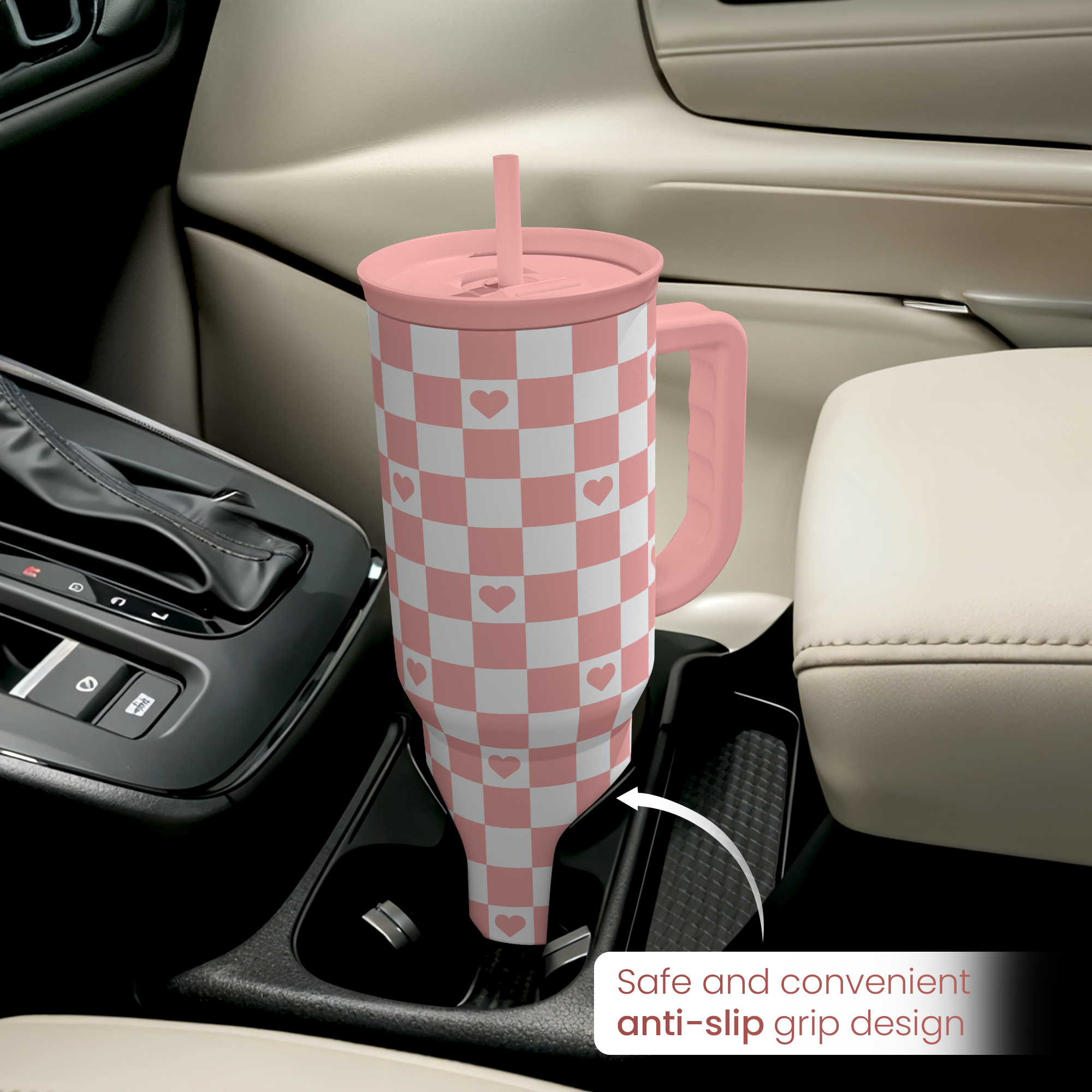 Coral Checker Heart Slidemate | Slider Tumbler with Handle 40oz