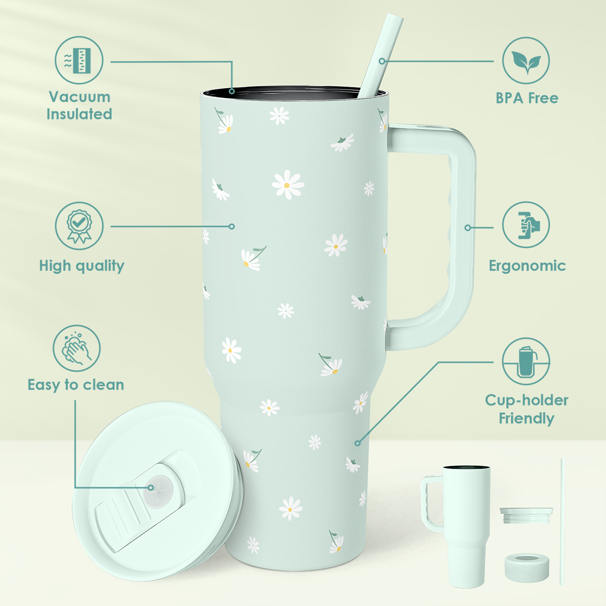Mint Daisy Slidemate | Slider Tumbler with Handle 40oz