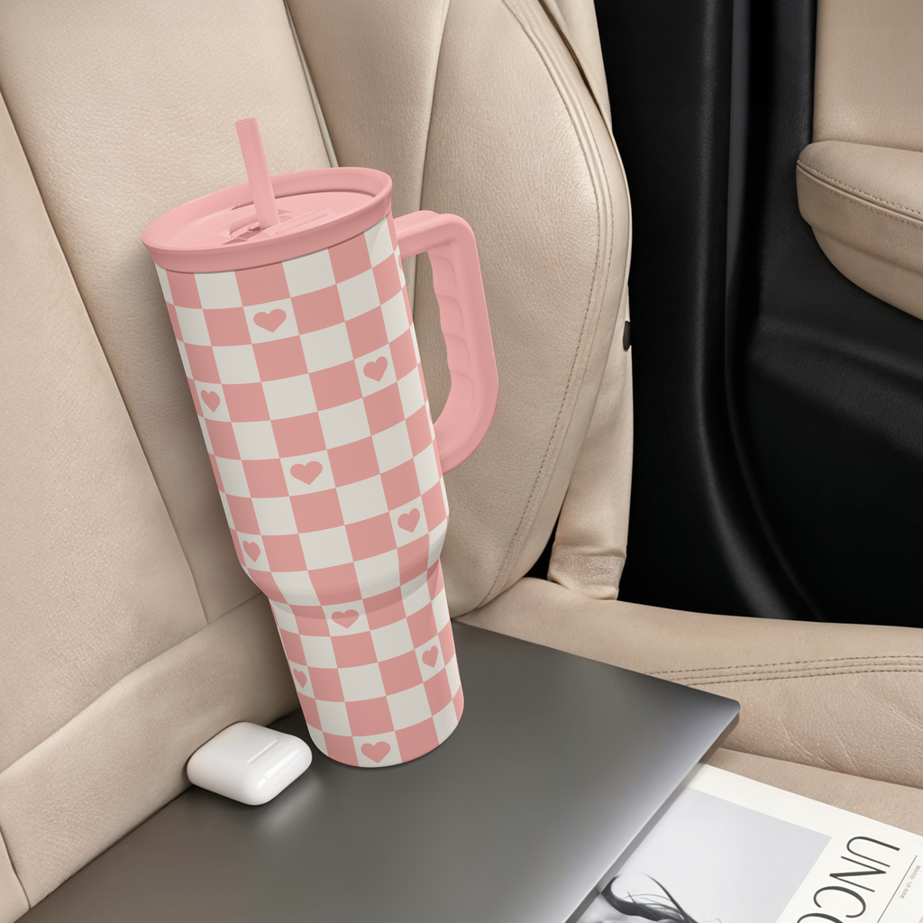 Coral Checker Heart Slidemate | Slider Tumbler with Handle 40oz