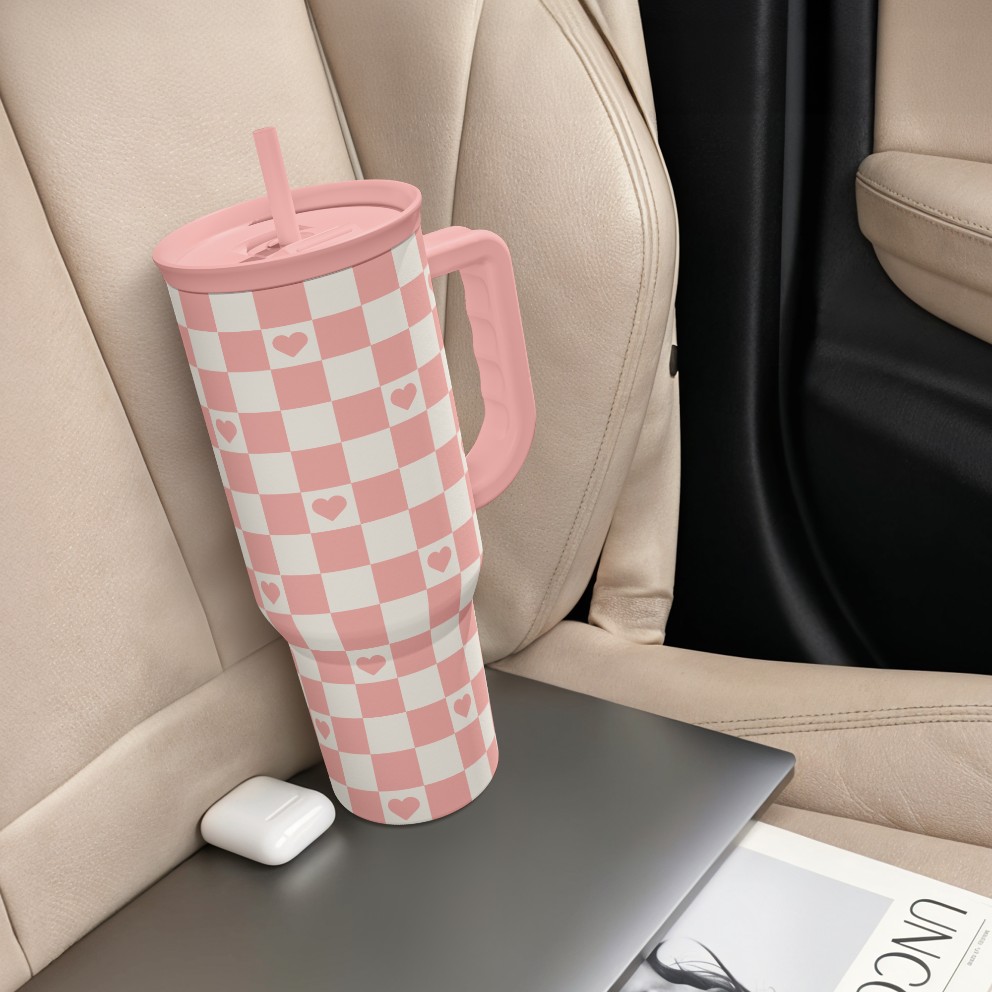 Coral Checker Heart Slidemate | Slider Tumbler with Handle 40oz