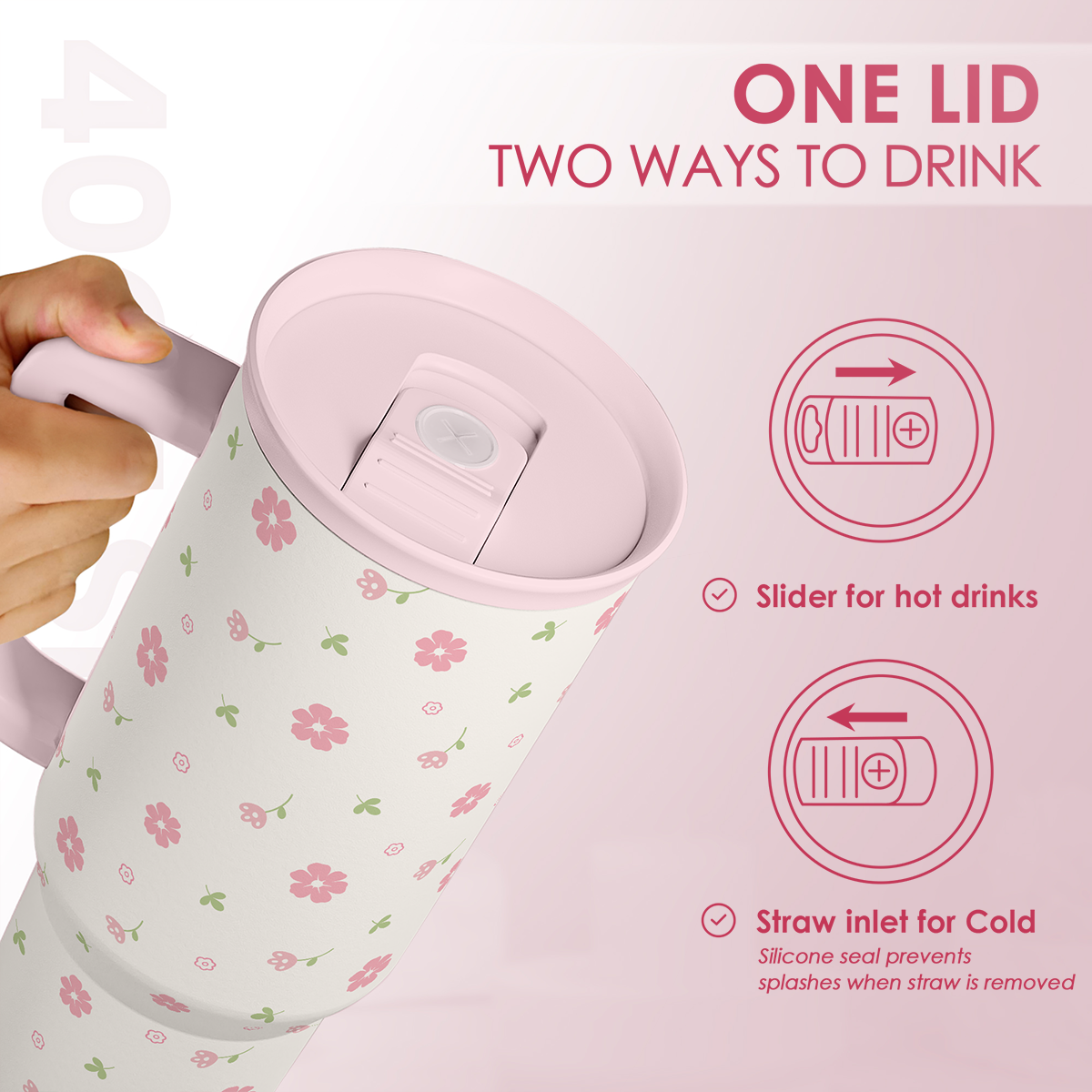 Pink Floral Slidemate | Slider Tumbler with Handle 40oz