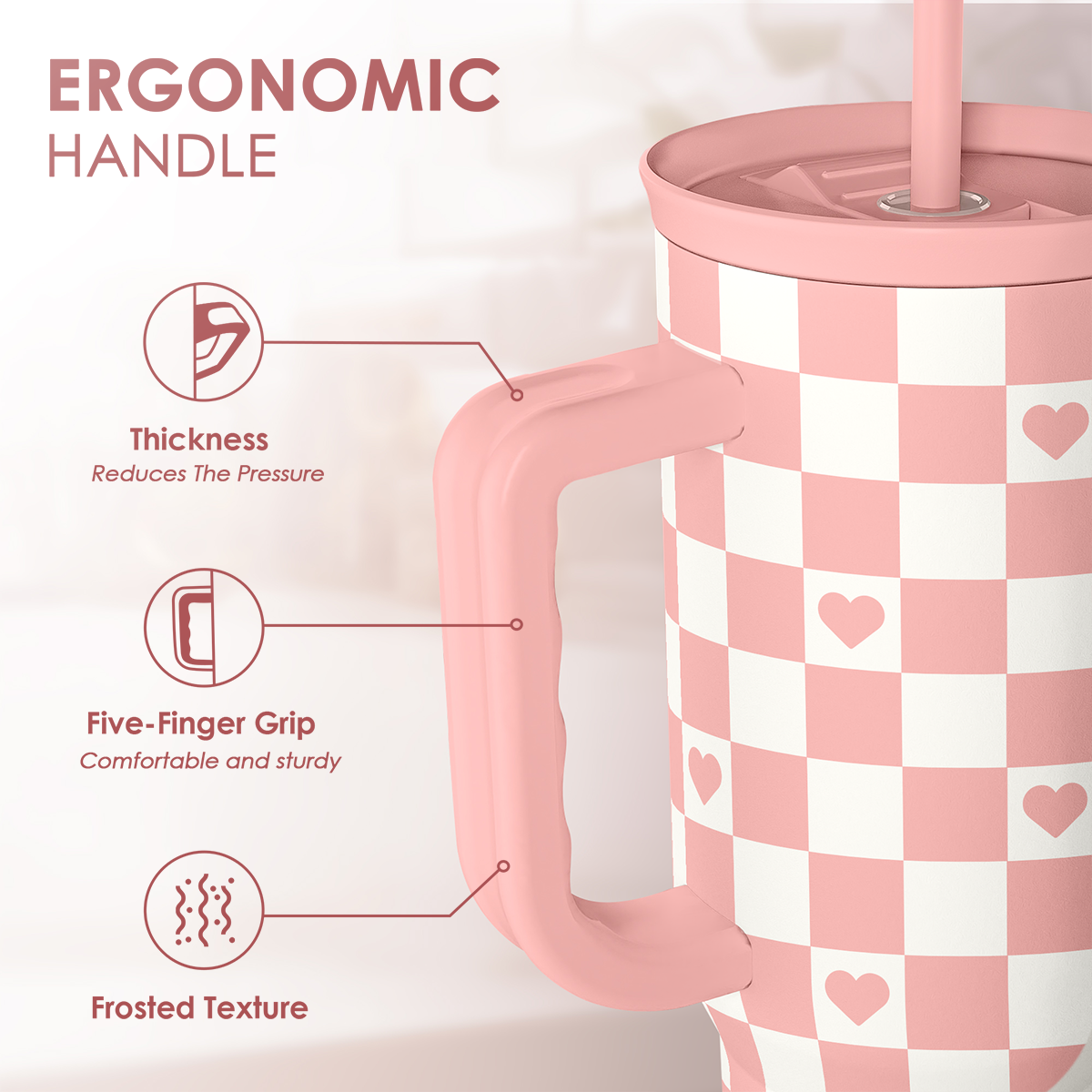 Coral Checker Heart Slidemate | Slider Tumbler with Handle 40oz