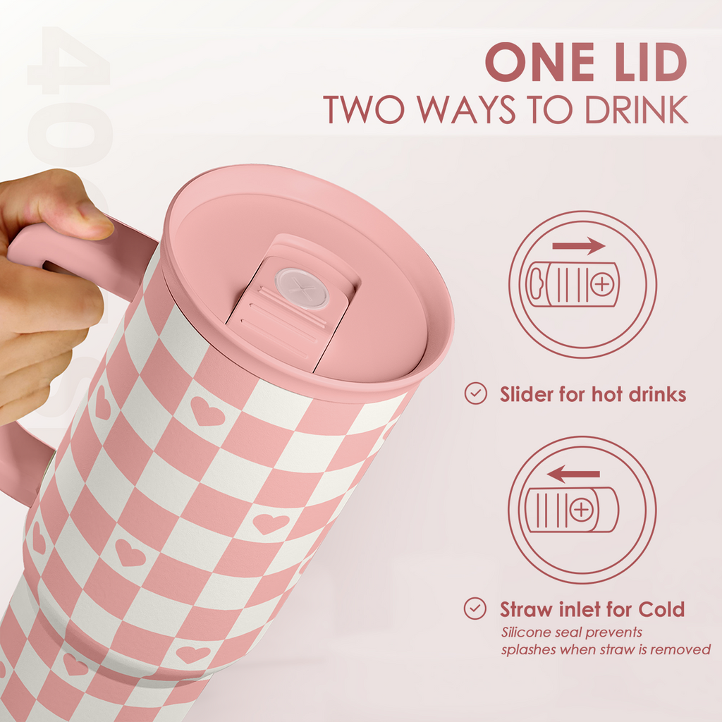 Coral Checker Heart Slidemate | Slider Tumbler with Handle 40oz