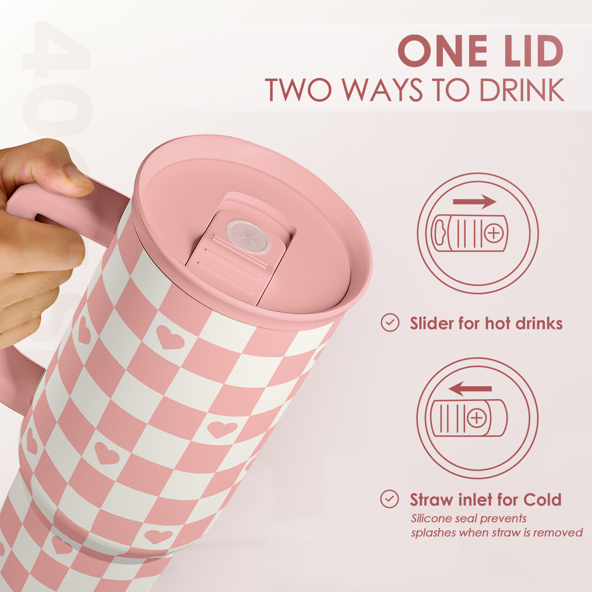Coral Checker Heart Slidemate | Slider Tumbler with Handle 40oz