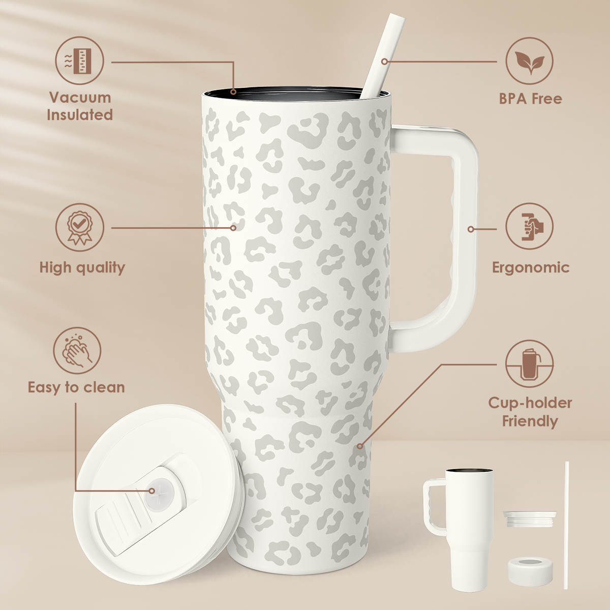 White Leopard Slidemate | Slider Tumbler with Handle 40oz
