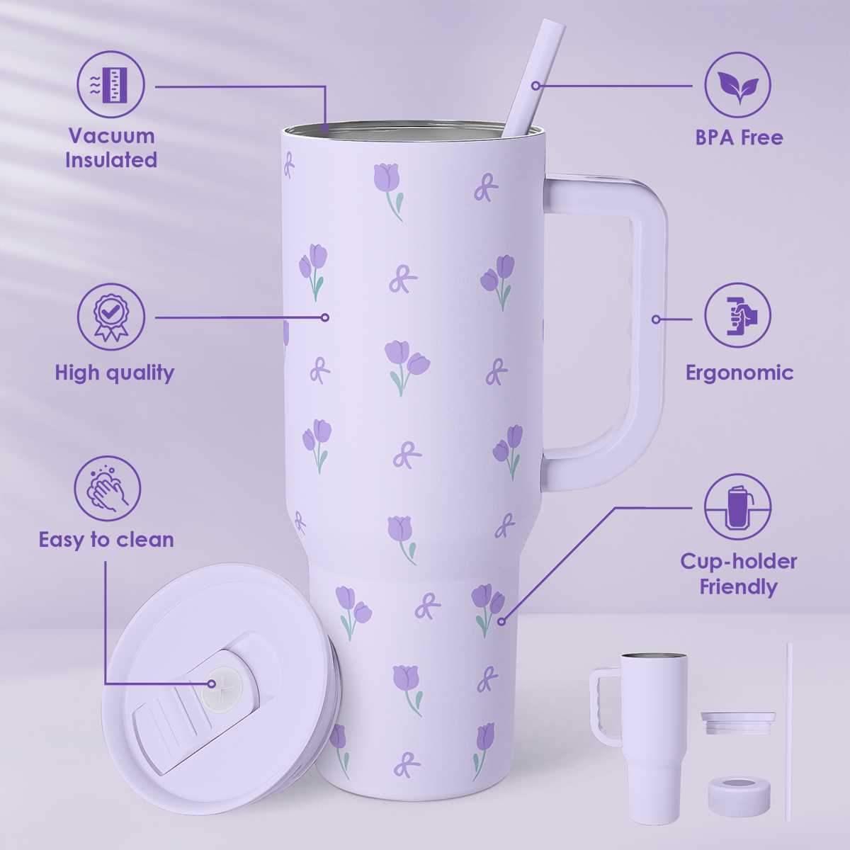 Purple Floral Slidemate | Slider Tumbler with Handle 40oz