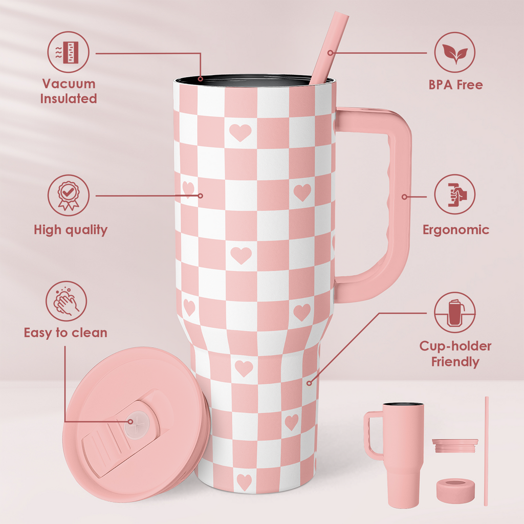 Coral Checker Heart Slidemate | Slider Tumbler with Handle 40oz