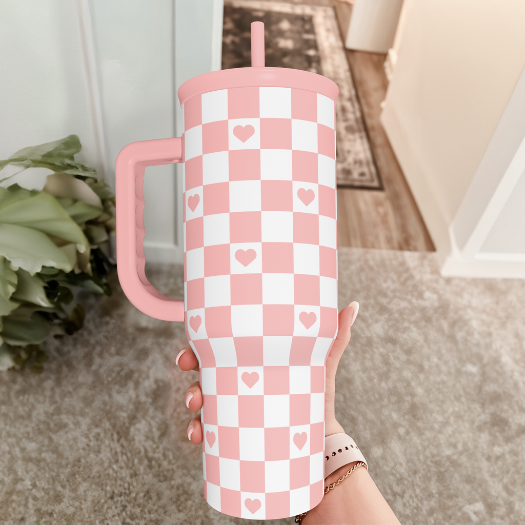 Coral Checker Heart Slidemate | Slider Tumbler with Handle 40oz