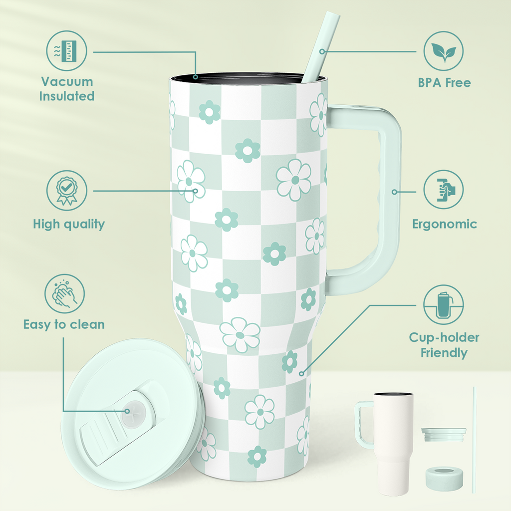 Mint Checker Daisy Slidemate | Slider Tumbler with Handle 40oz