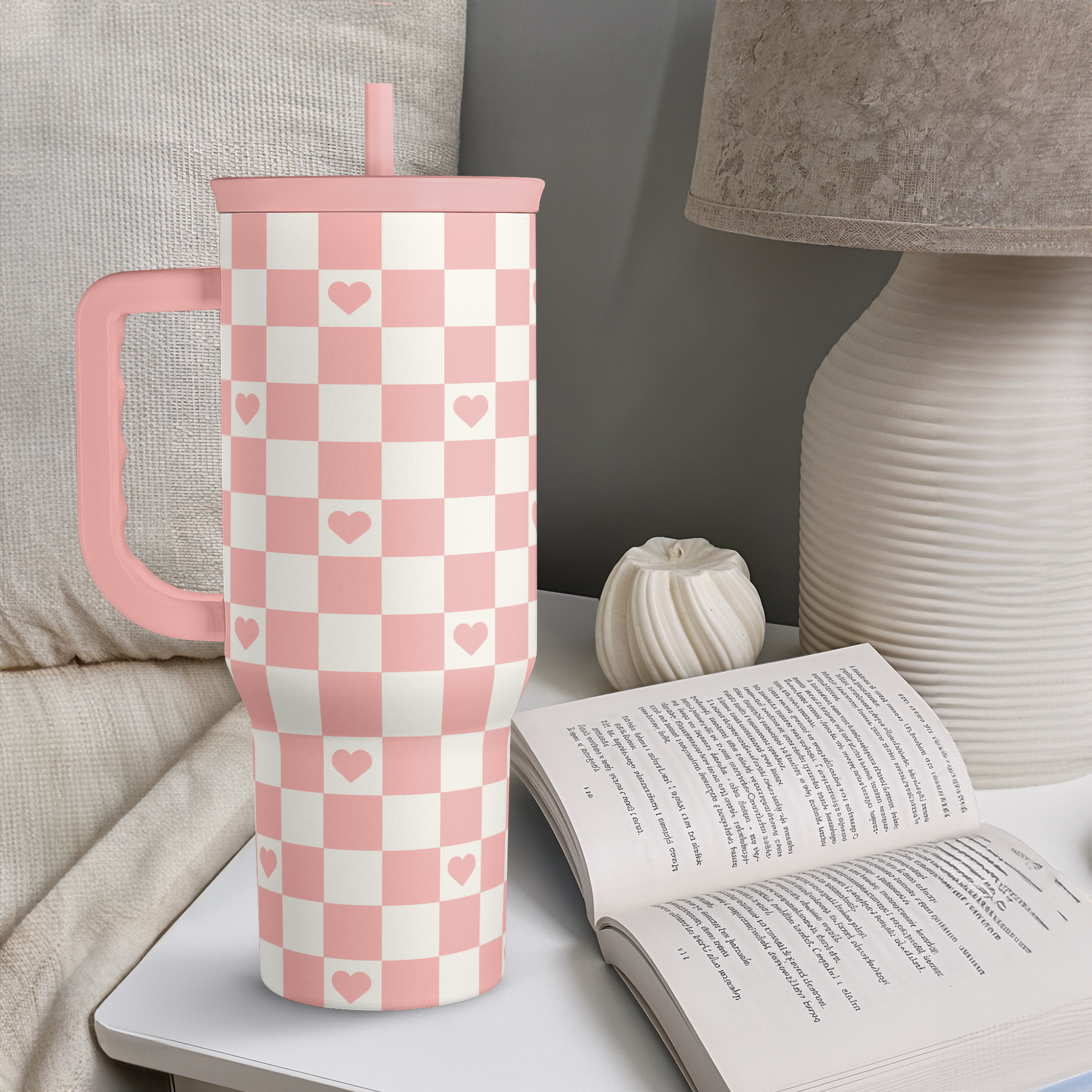 Coral Checker Heart Slidemate | Slider Tumbler with Handle 40oz