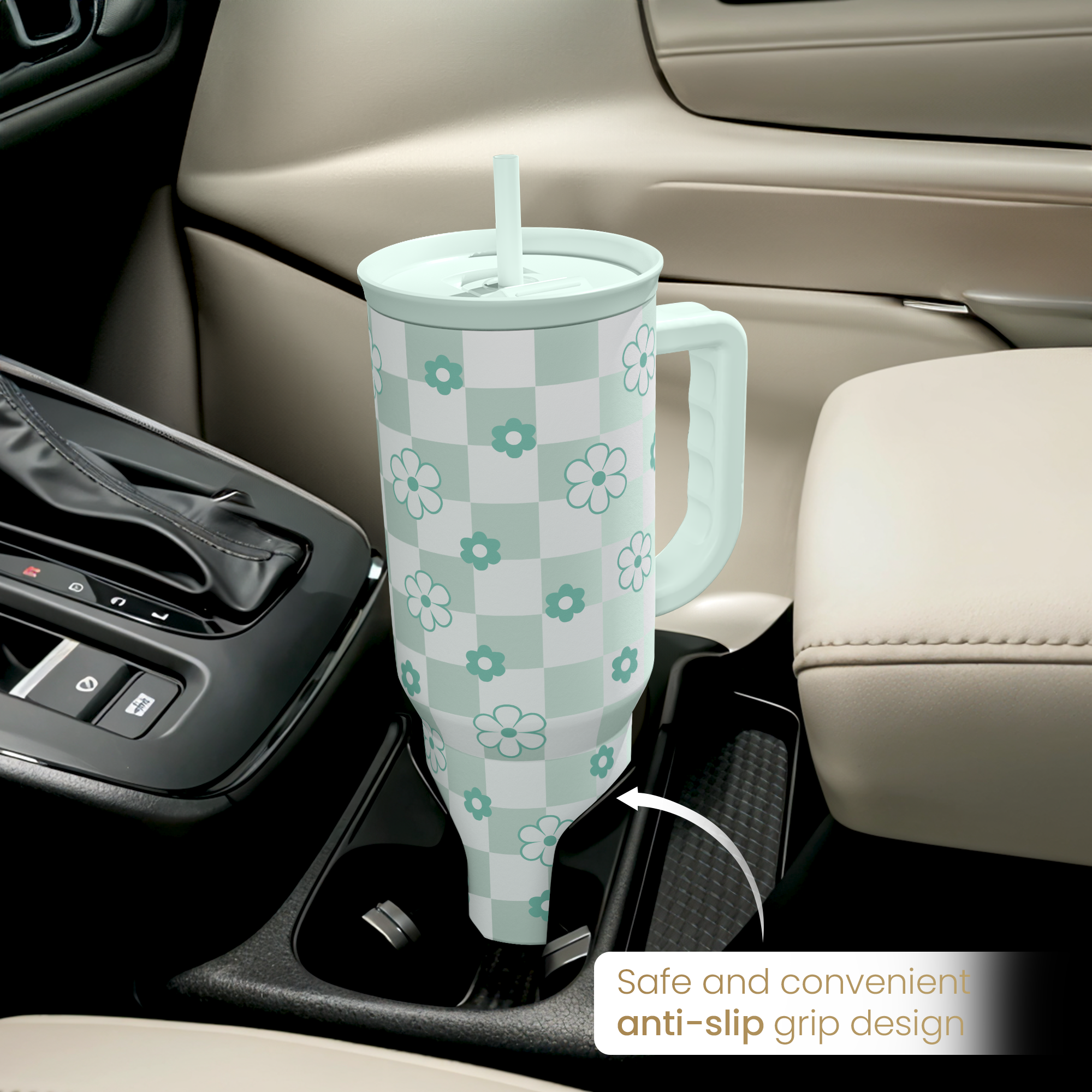 Mint Checker Daisy Slidemate | Slider Tumbler with Handle 40oz