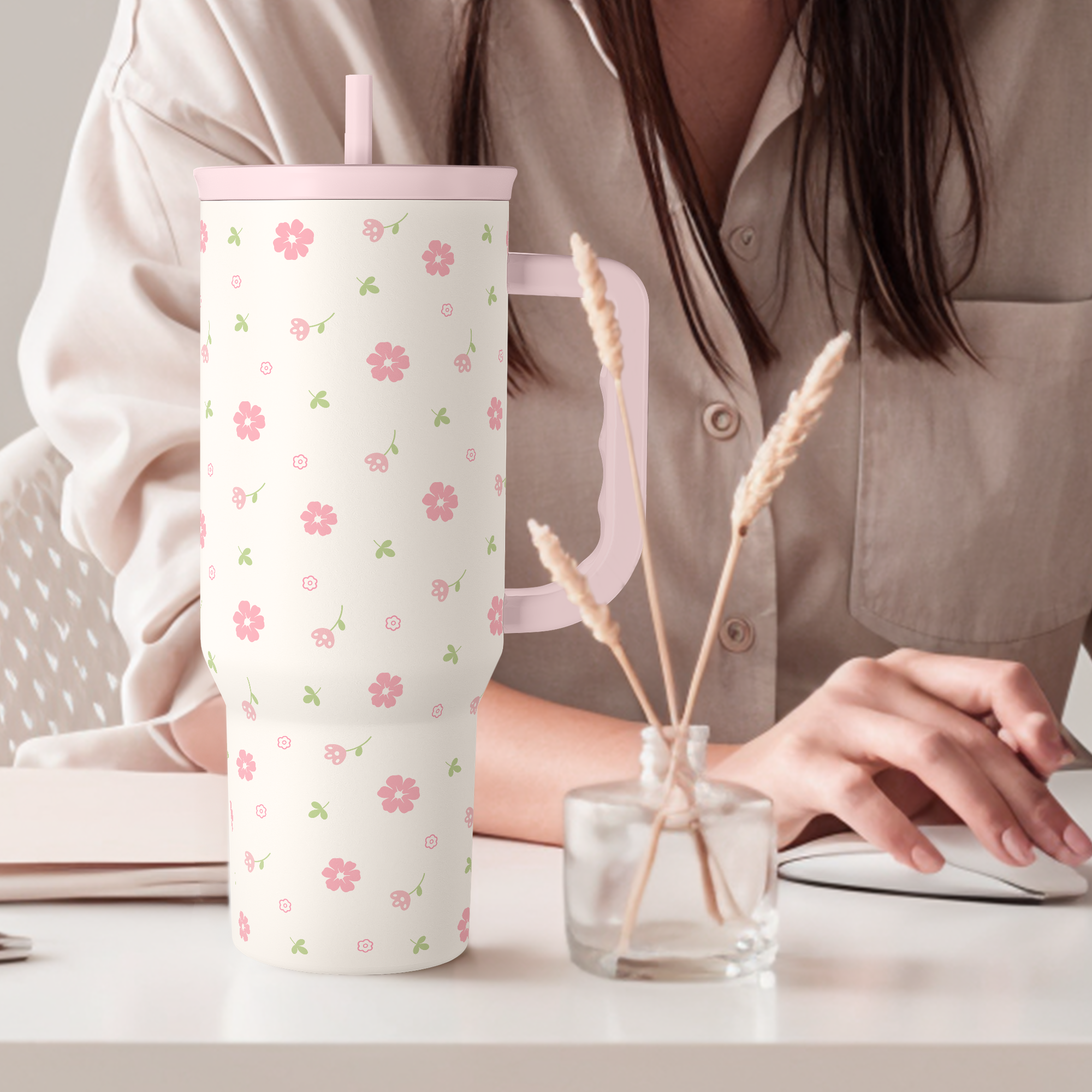 Pink Floral Slidemate | Slider Tumbler with Handle 40oz
