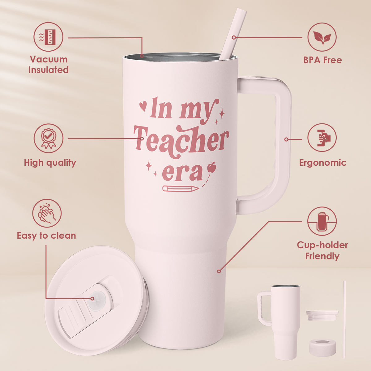 Pink Teacher Slidemate | Slider Tumbler with Handle 40oz