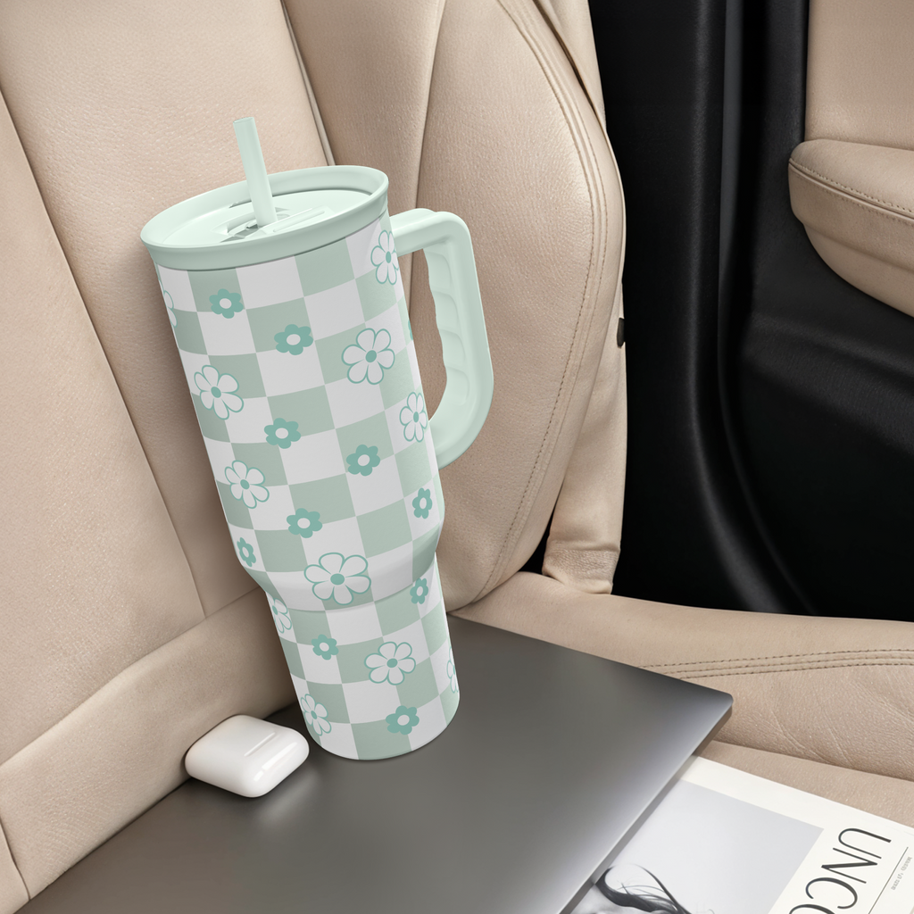 Mint Checker Daisy Slidemate | Slider Tumbler with Handle 40oz
