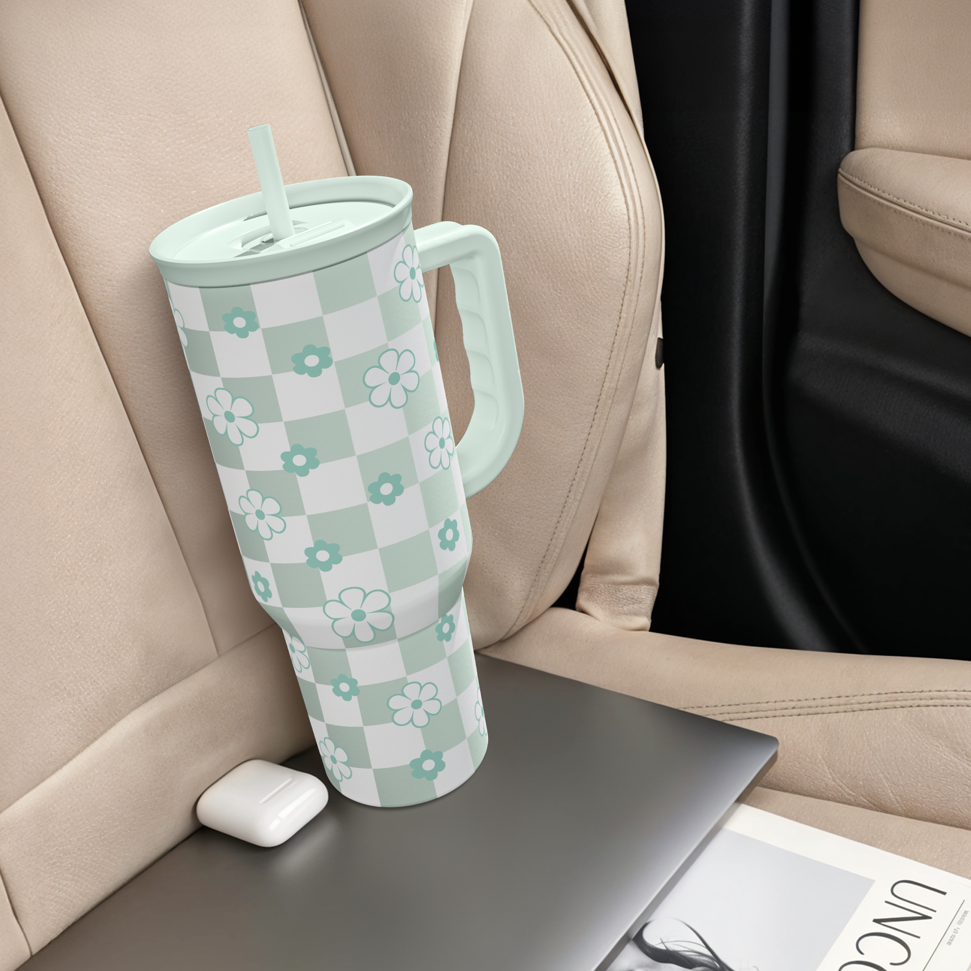Mint Checker Daisy Slidemate | Slider Tumbler with Handle 40oz