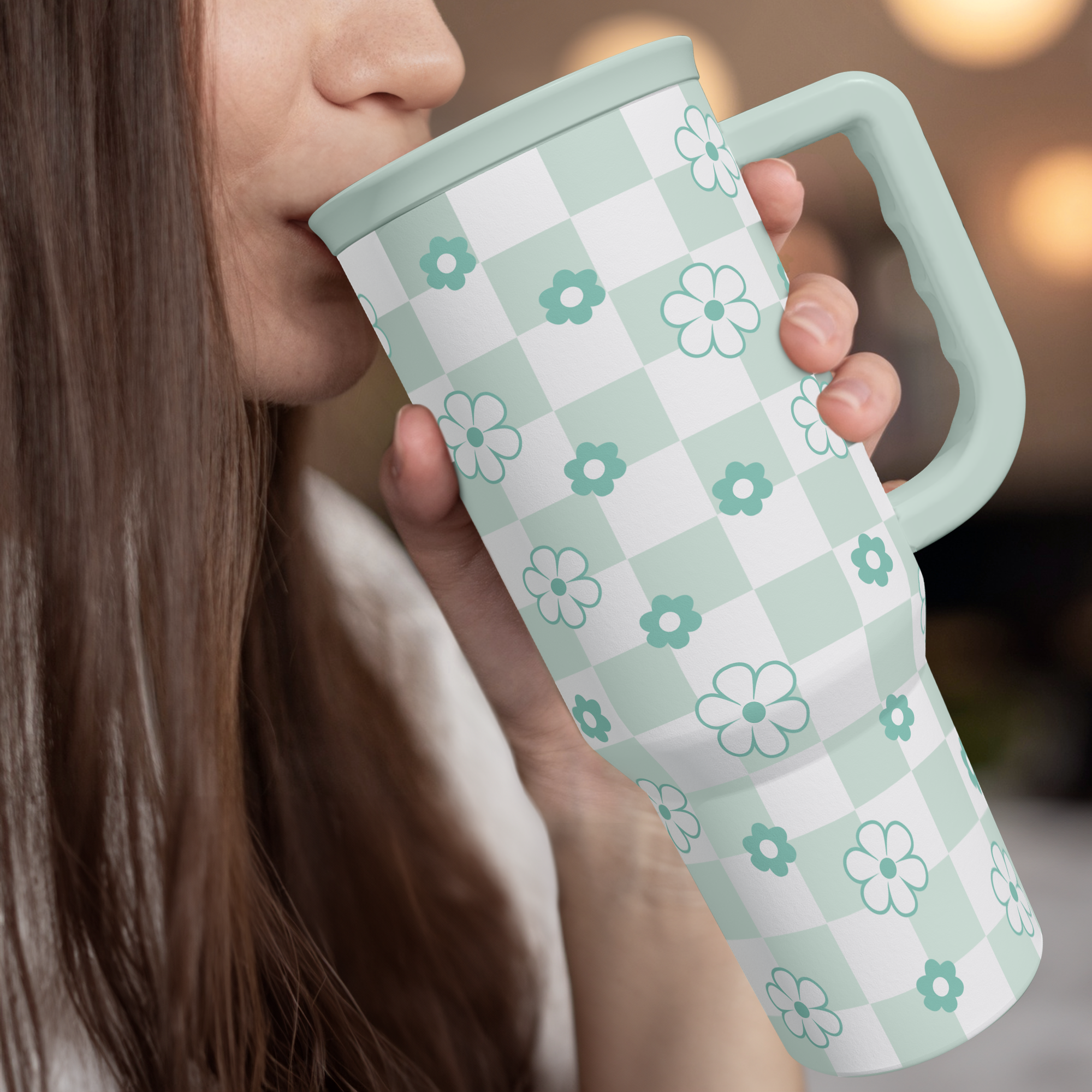 Mint Checker Daisy Slidemate | Slider Tumbler with Handle 40oz