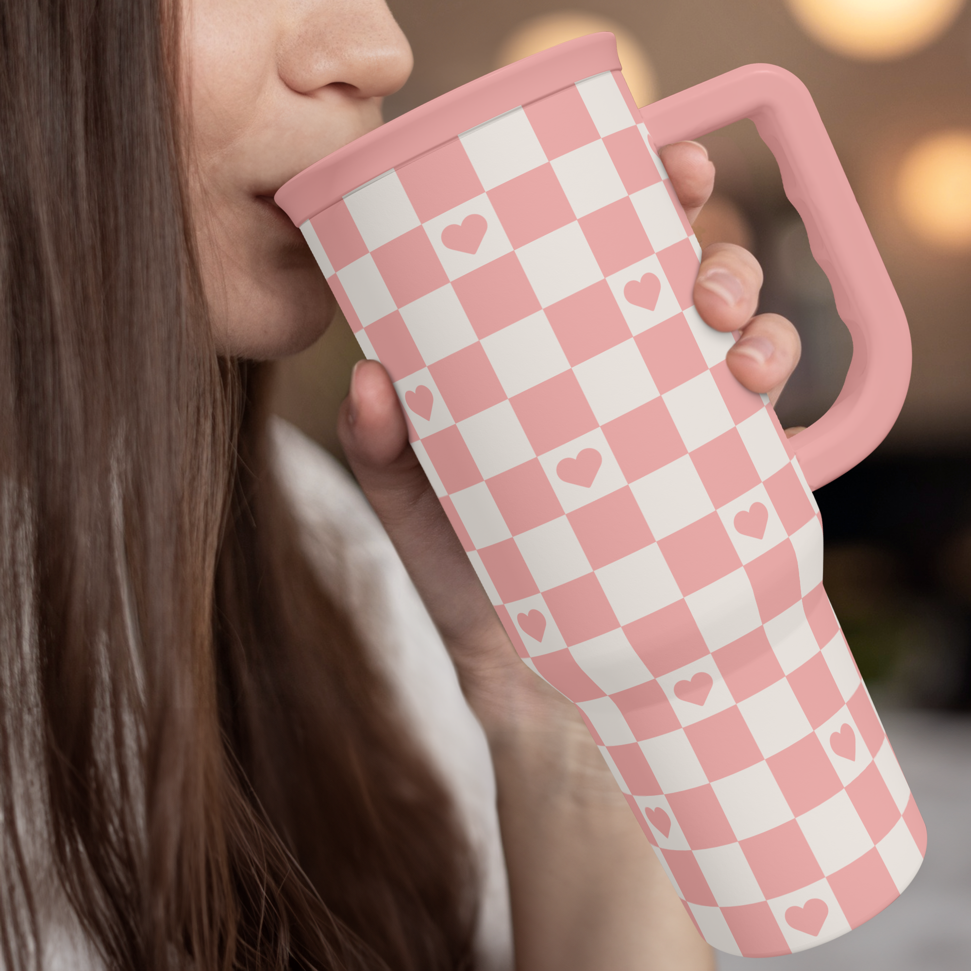 Coral Checker Heart Slidemate | Slider Tumbler with Handle 40oz