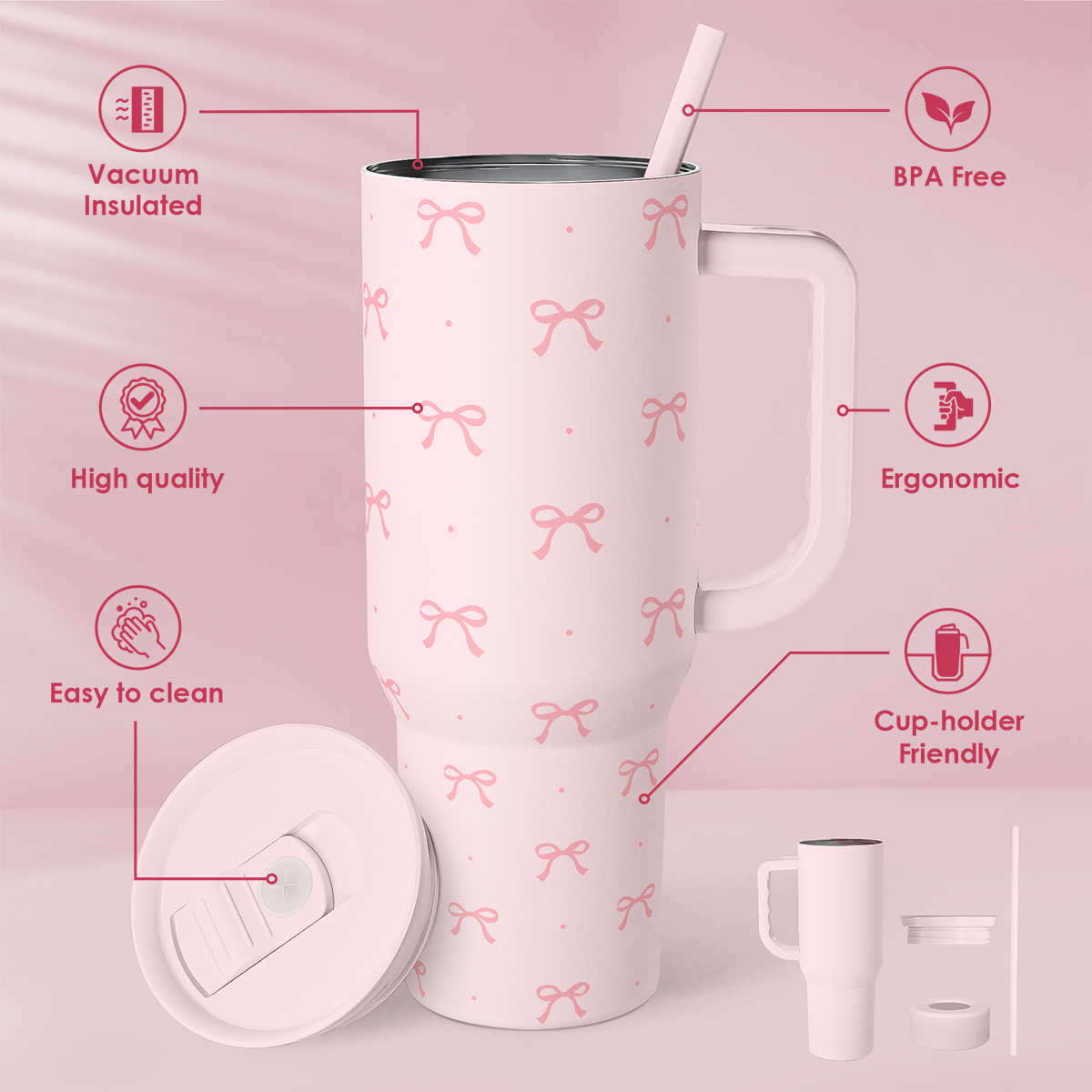 Pink Bow Slidemate | Slider Tumbler with Handle 40oz