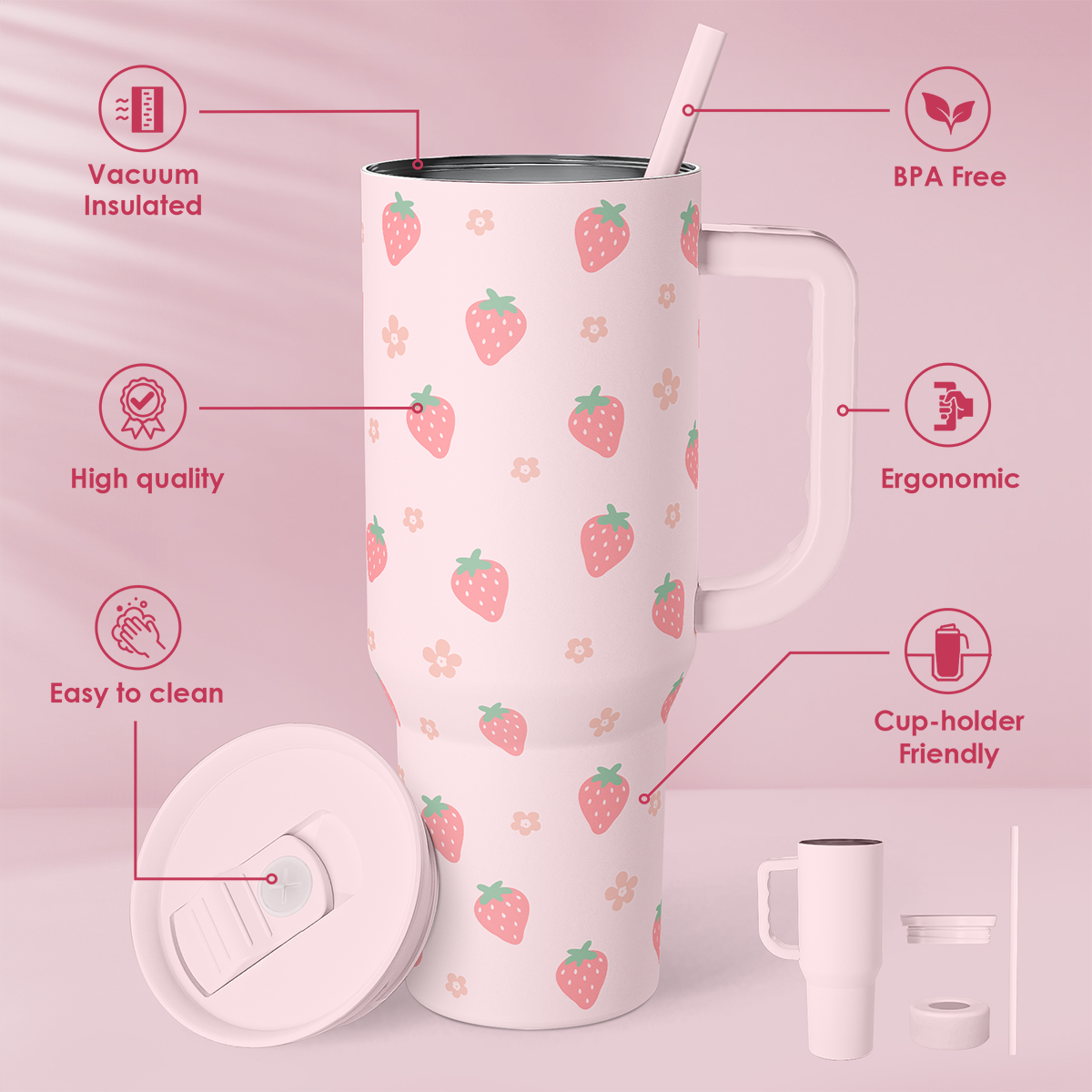 Pink Strawberry Slidemate | Slider Tumbler with Handle 40oz