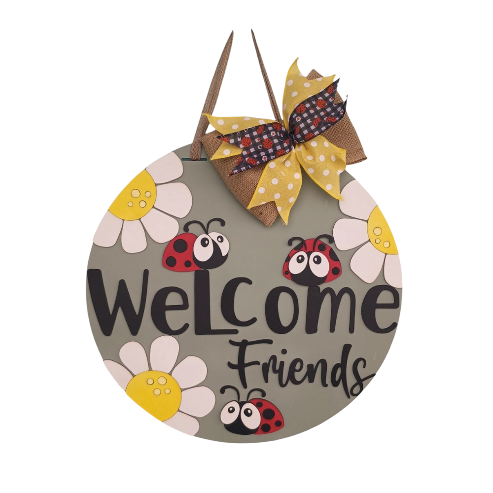 Ladybug Sign – Welcome Friends Door Hanger with Bow