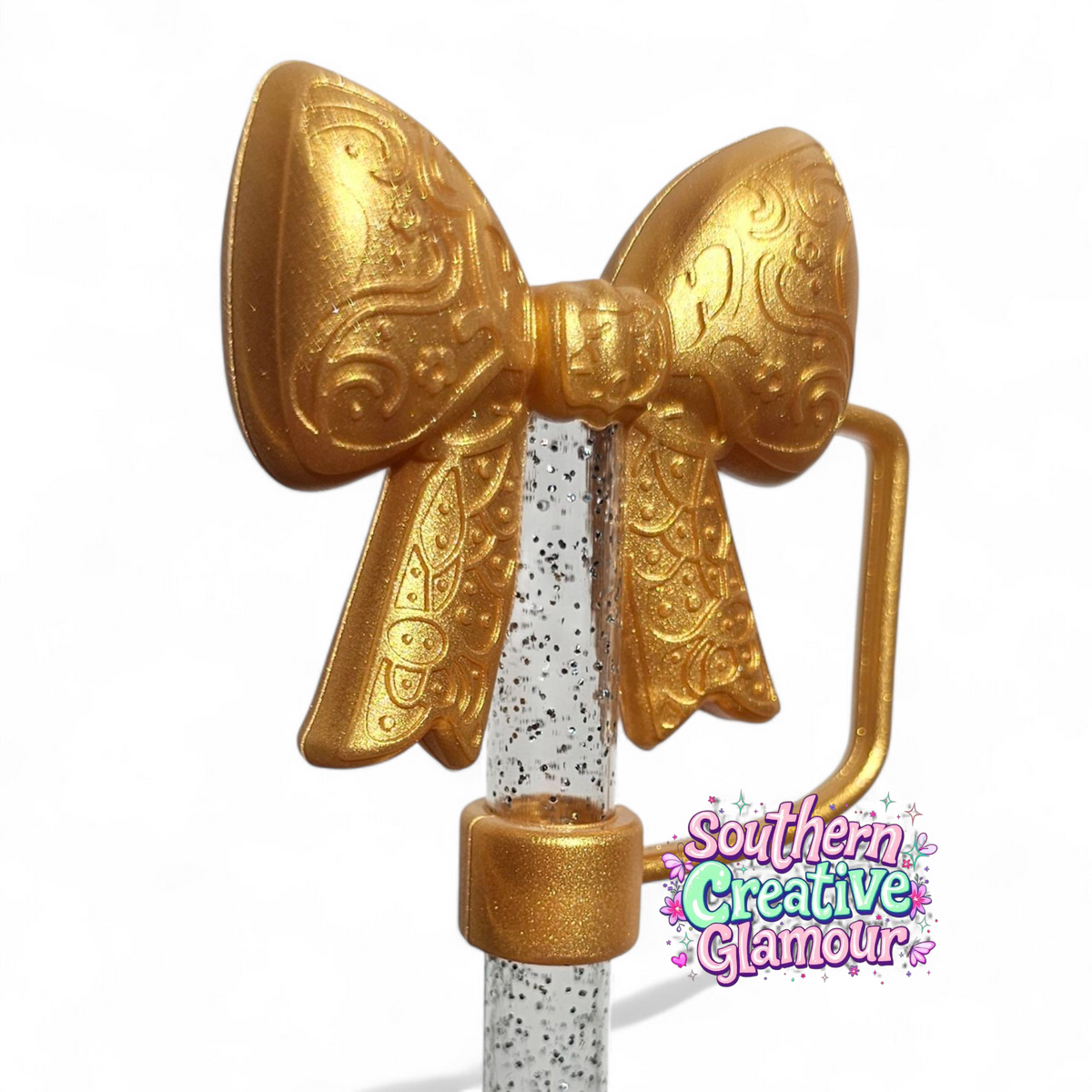 Paisley Princess 3D Bow Silicone Straw Topper | Gold Shimmer