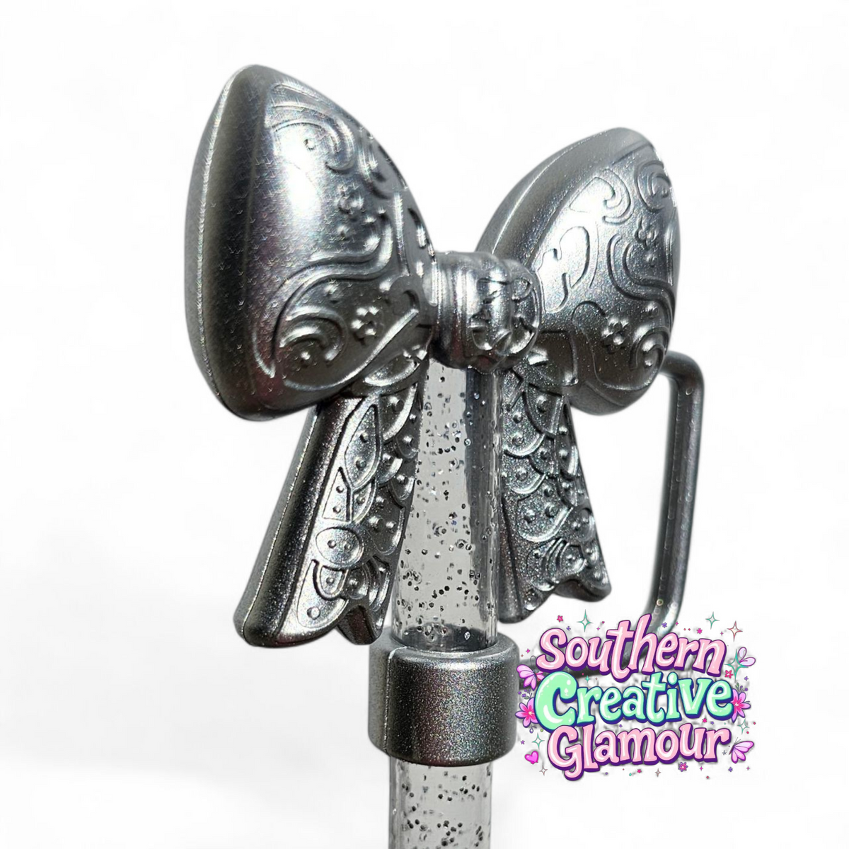 Paisley Princess 3D Bow Silicone 10mm Straw Topper | Silver Shimmer