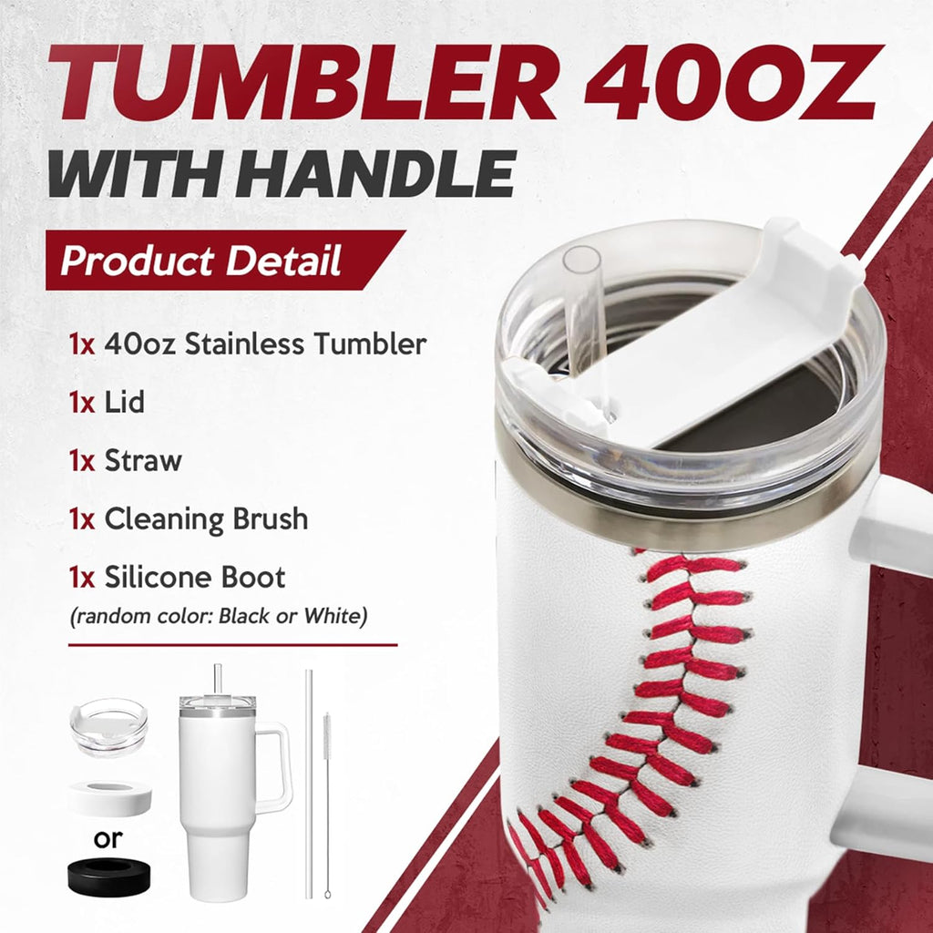 White Baseball Quencher Tumbler with Handle 40oz