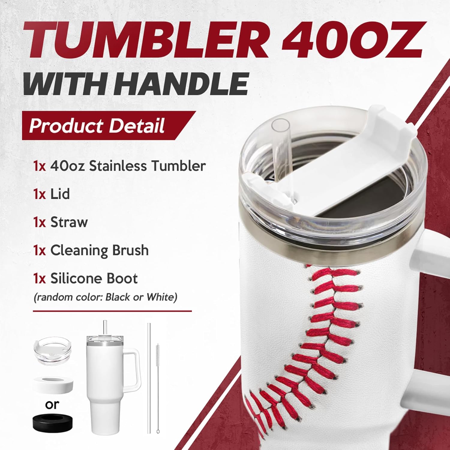 White Baseball Quencher Tumbler with Handle 40oz