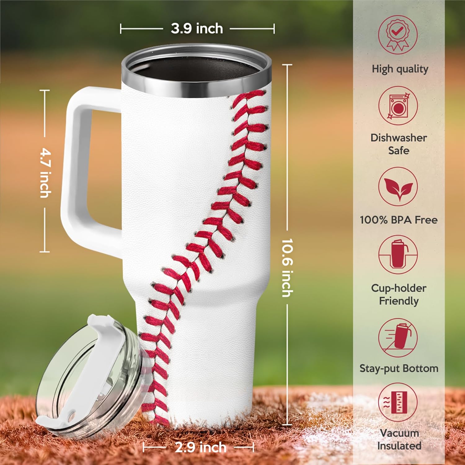 White Baseball Quencher Tumbler with Handle 40oz