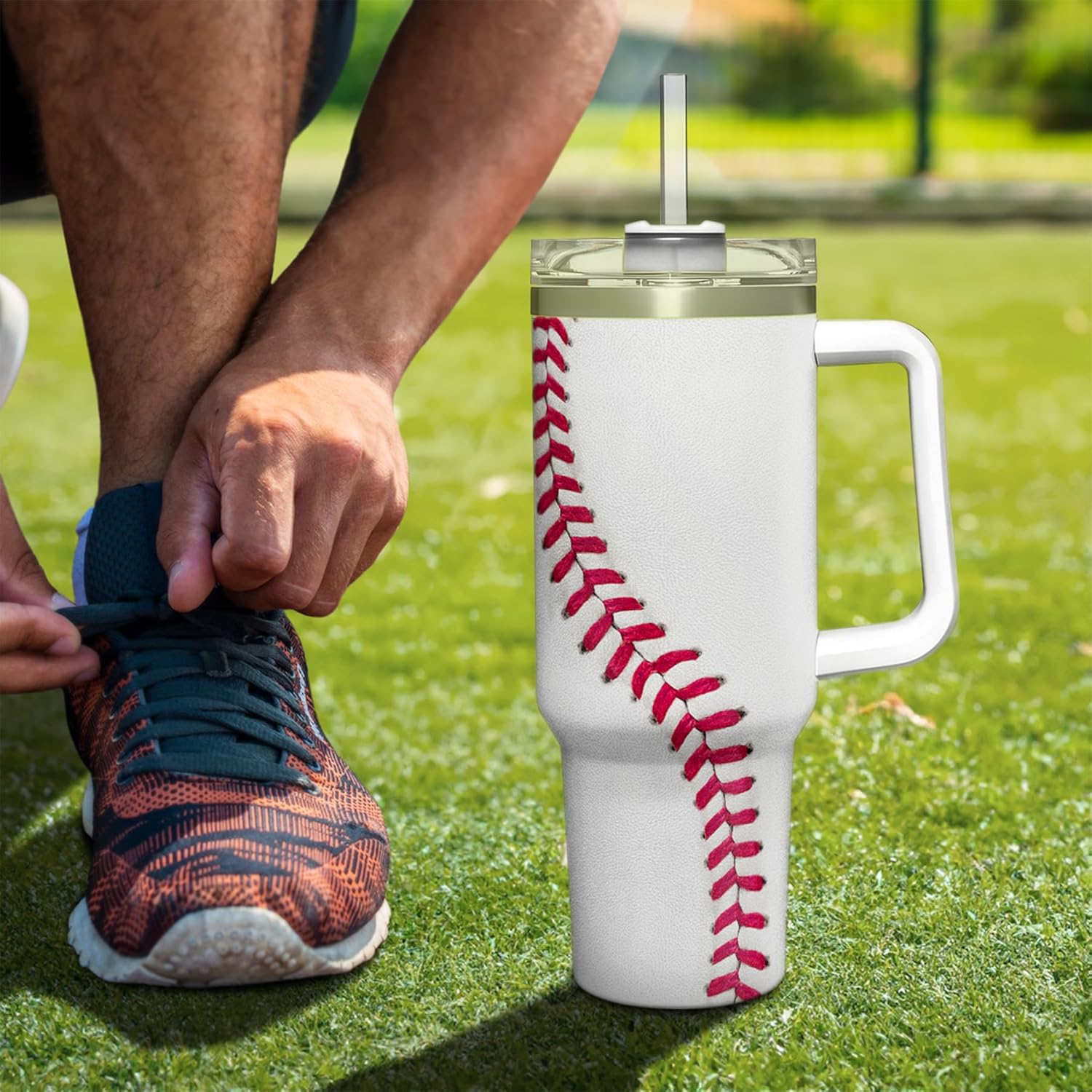 White Baseball Quencher Tumbler with Handle 40oz