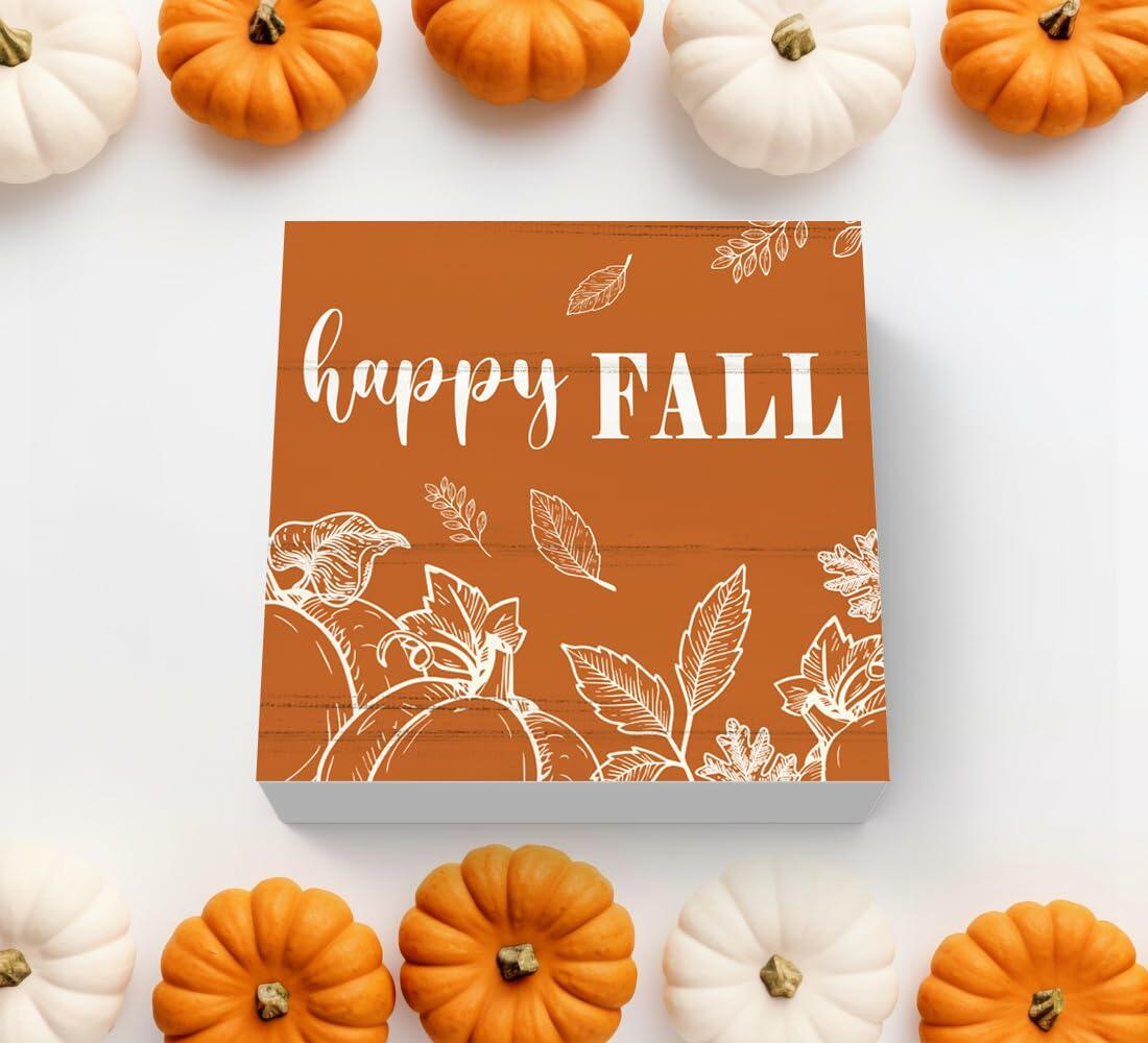 ULEGIE Fall Pumpkin Wood Box Sign, 5x5 Inch, Orange Autumn Decor