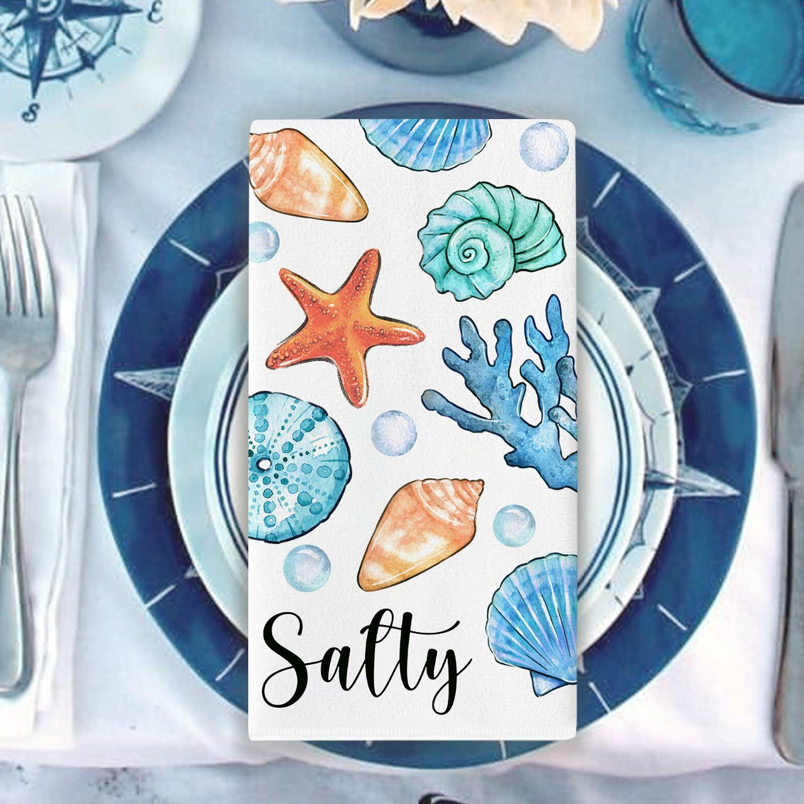 Croar Kitchen Dish Towels Set 2 Coastal Starfish Coral 18x26 in