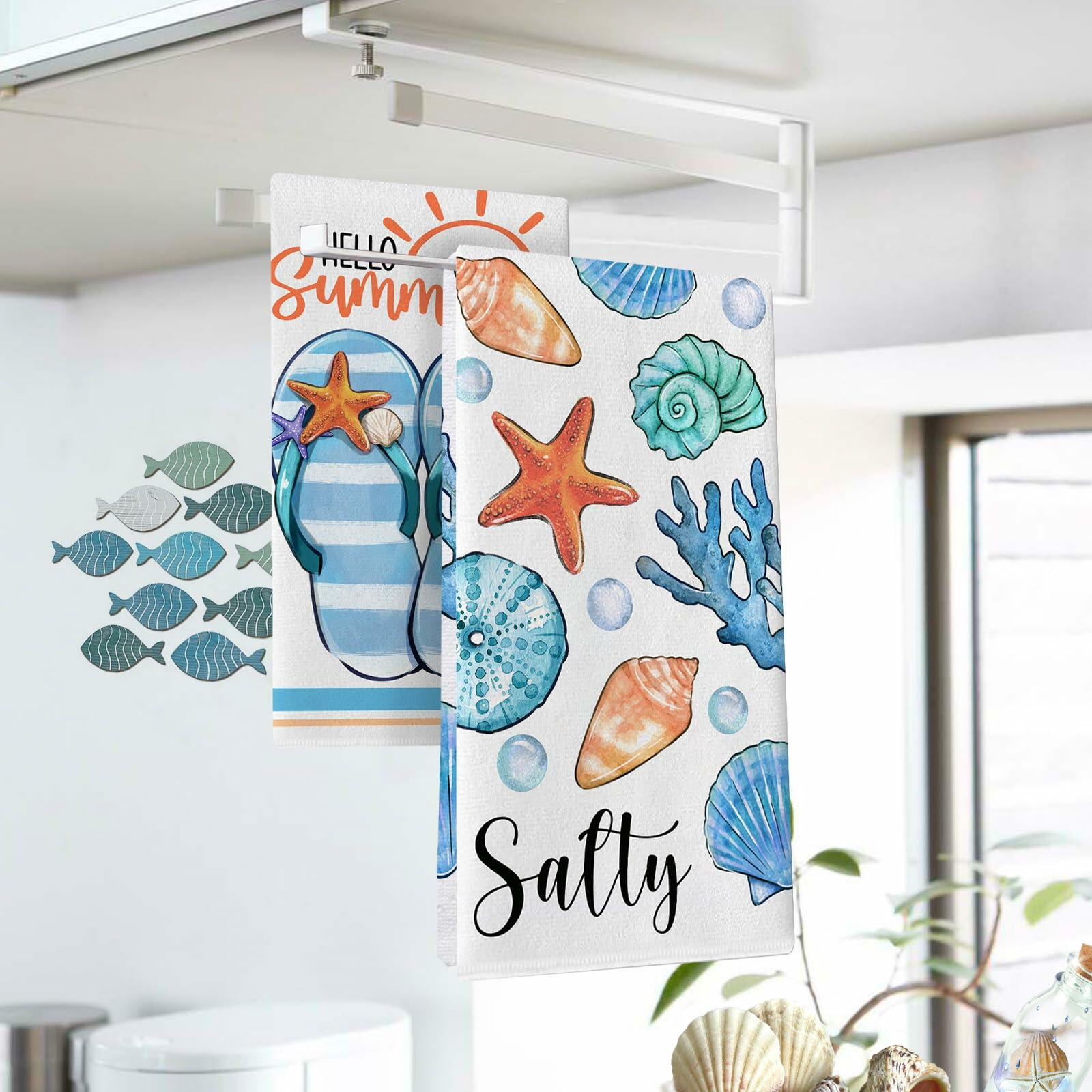 Croar Kitchen Dish Towels Set 2 Coastal Starfish Coral 18x26 in