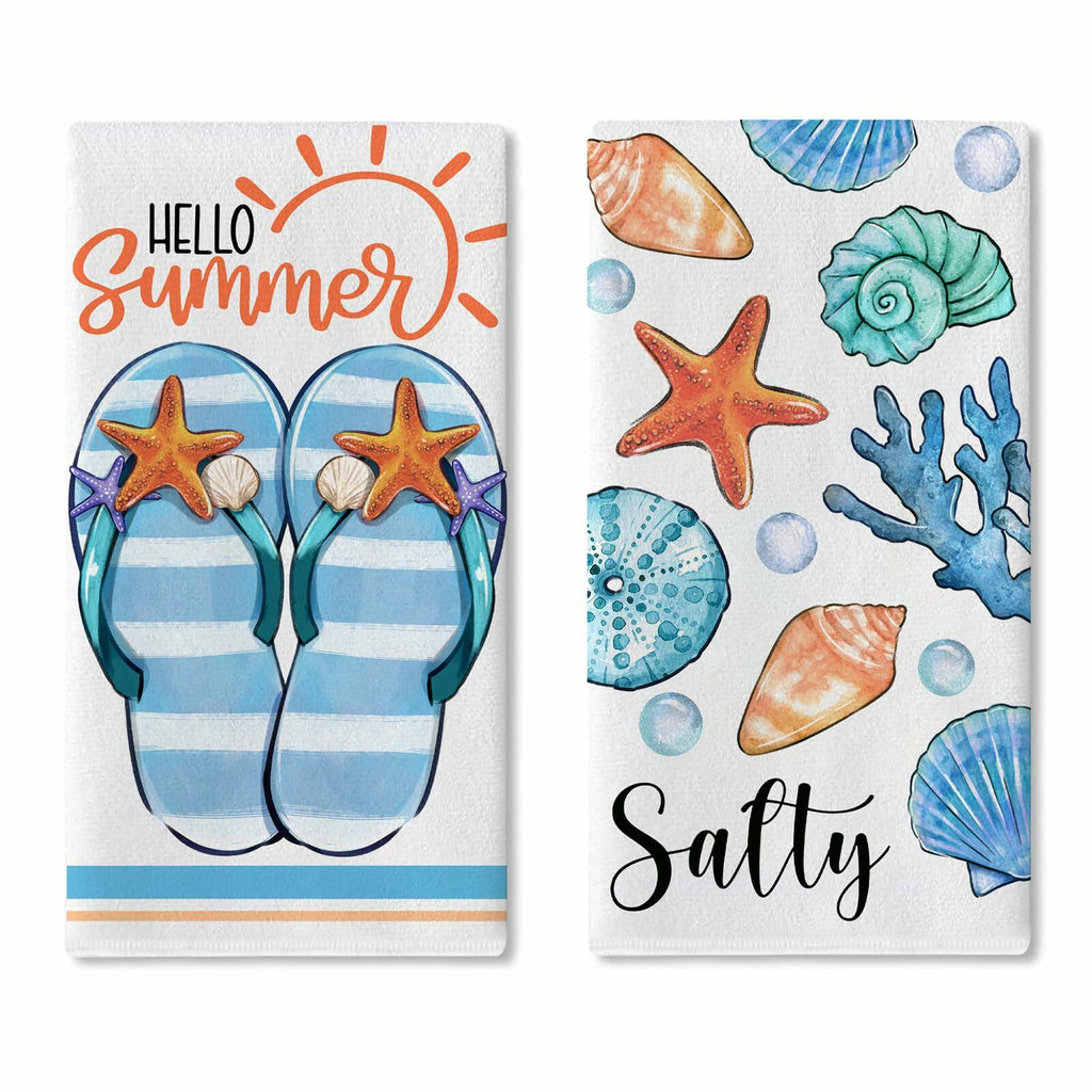 Croar Kitchen Dish Towels Set 2 Coastal Starfish Coral 18x26 in