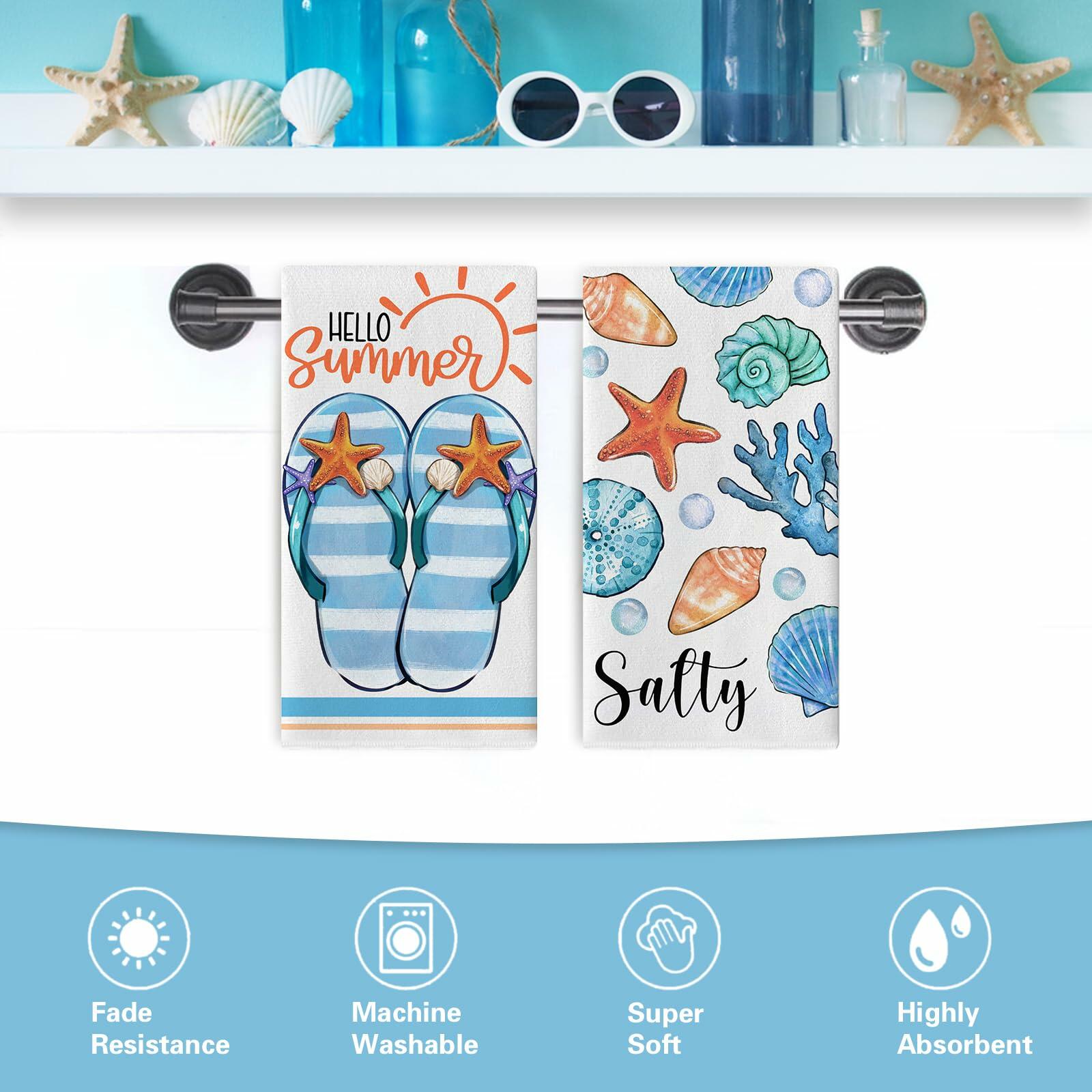 Croar Kitchen Dish Towels Set 2 Coastal Starfish Coral 18x26 in