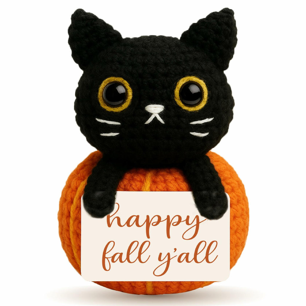Skyists Crochet Black Cat Plush with Happy Fall Y'All Sign 3.74in Orange Black