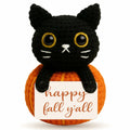 Skyists Crochet Black Cat Plush with Happy Fall Y'All Sign 3.74in Orange Black