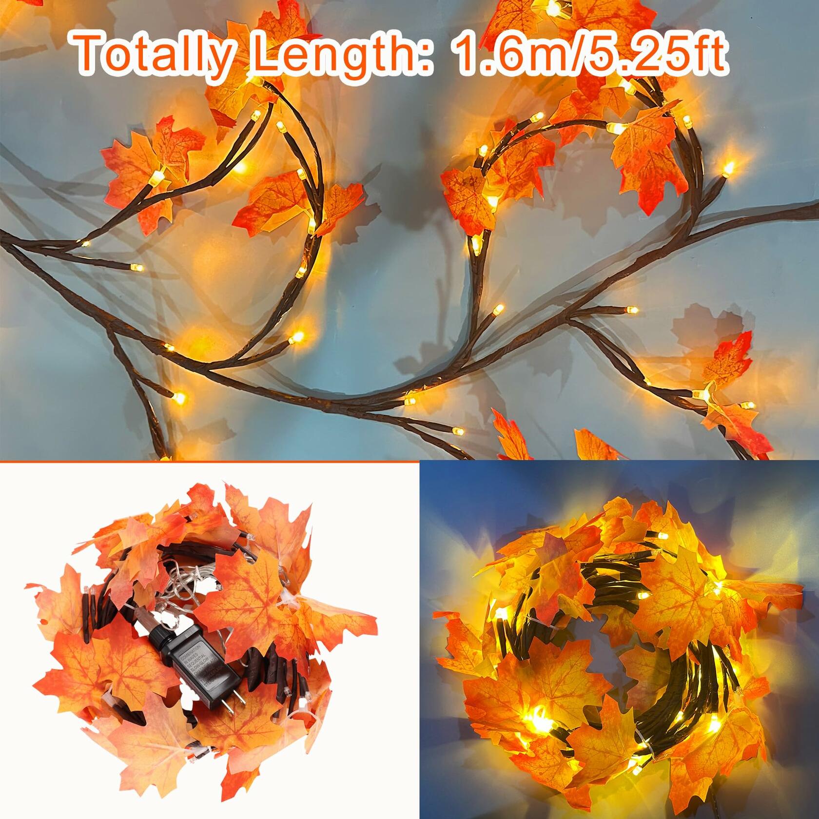 PAJH Fall Thanksgiving Garland 5.25ft 72 LED 8 Modes Orange Leaf Lights