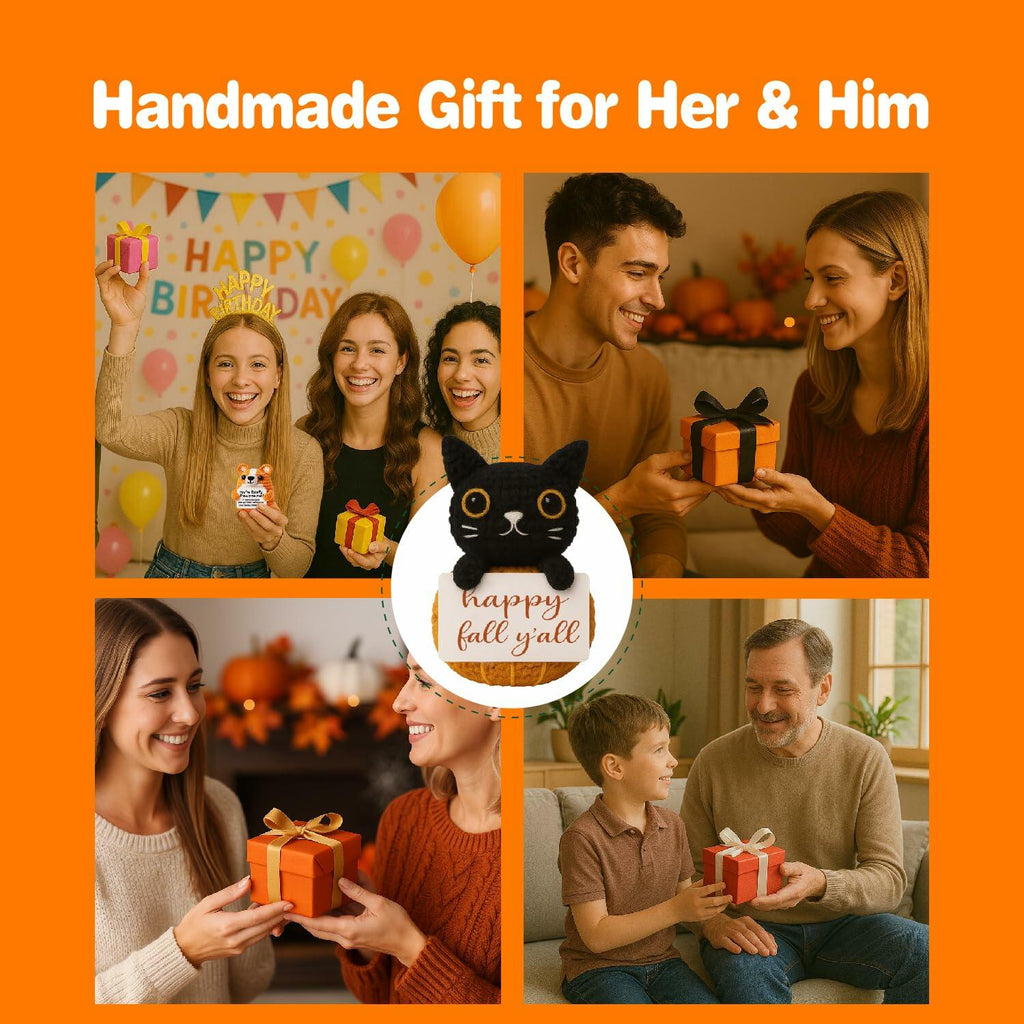 Skyists Crochet Black Cat Plush with Happy Fall Y'All Sign 3.74in Orange Black