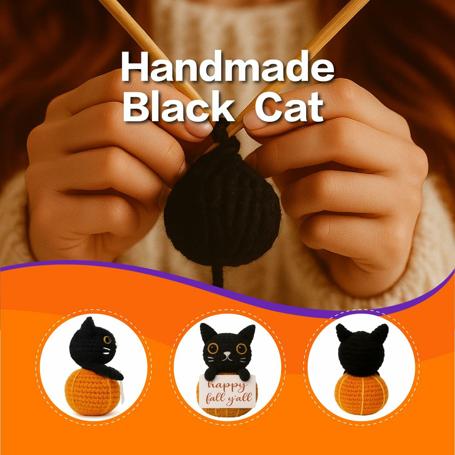 Skyists Crochet Black Cat Plush with Happy Fall Y'All Sign 3.74in Orange Black