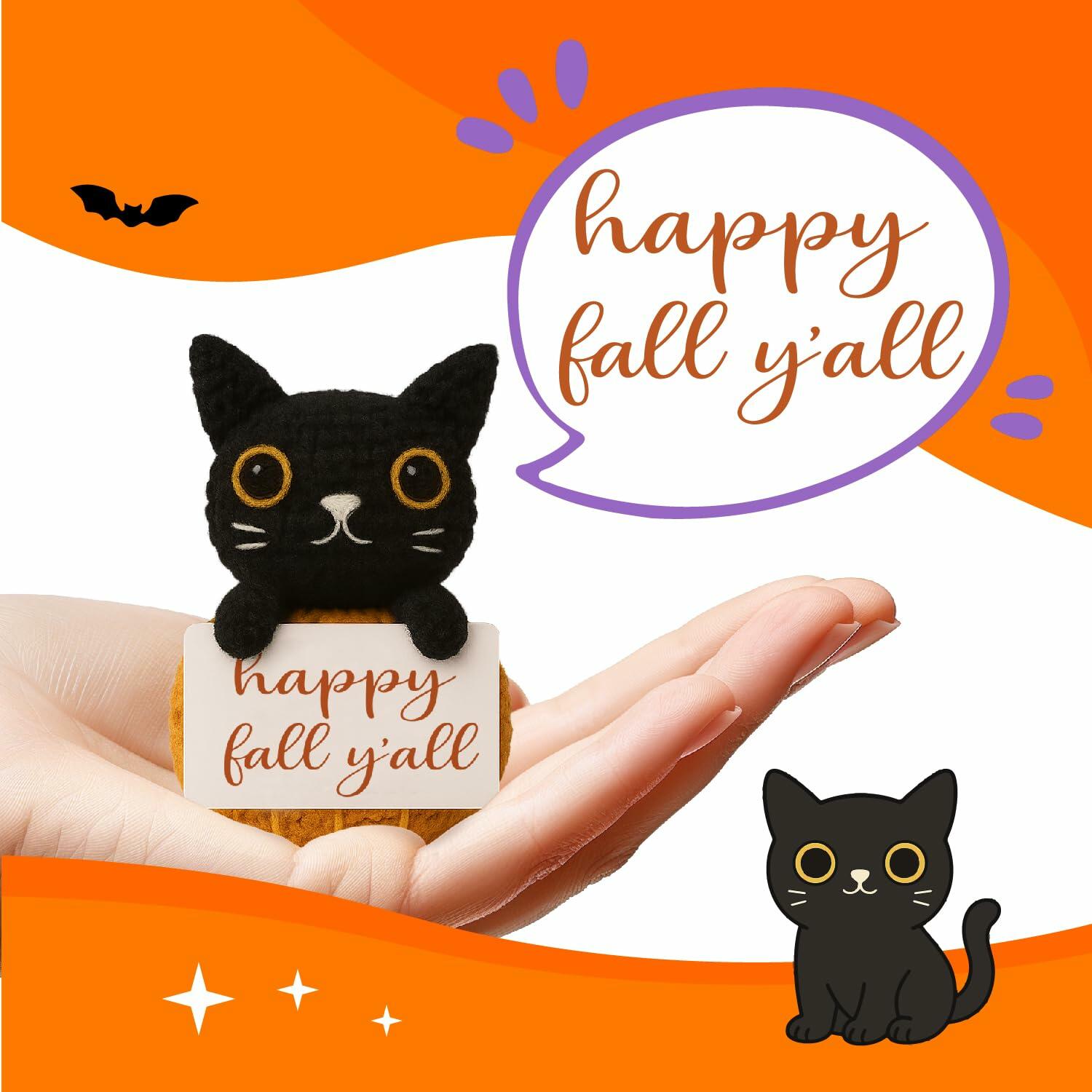 Skyists Crochet Black Cat Plush with Happy Fall Y'All Sign 3.74in Orange Black