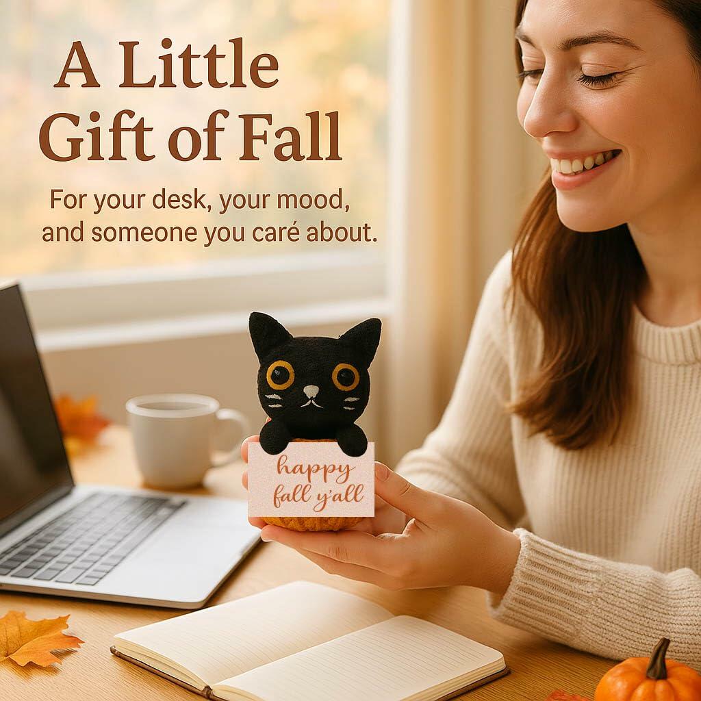 Skyists Crochet Black Cat Plush with Happy Fall Y'All Sign 3.74in Orange Black