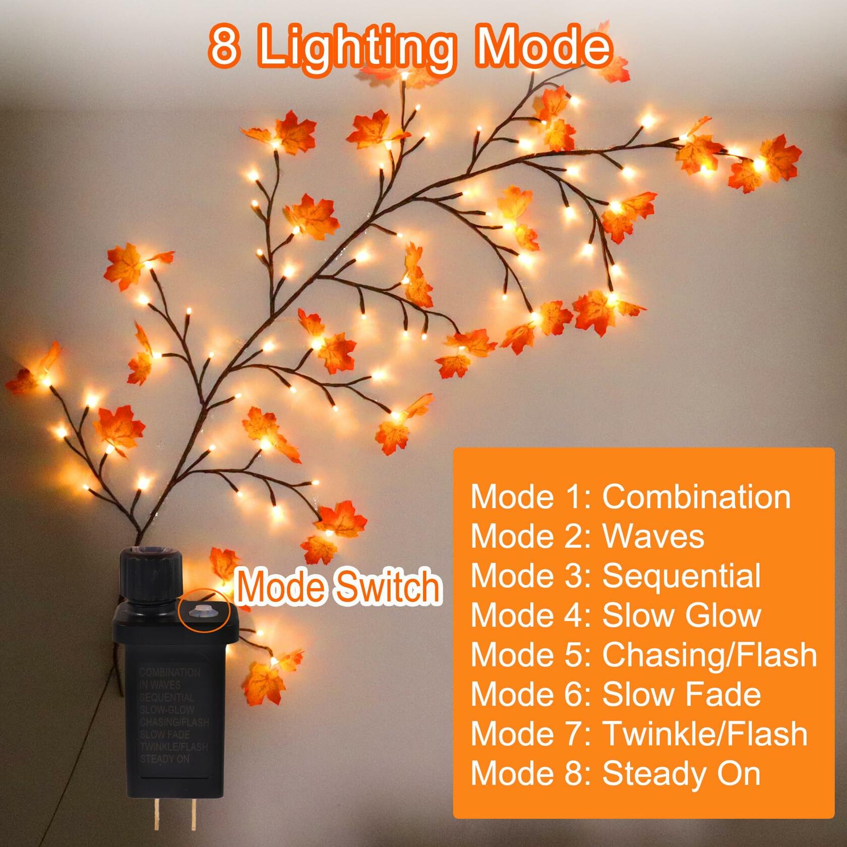 PAJH Fall Thanksgiving Garland 5.25ft 72 LED 8 Modes Orange Leaf Lights