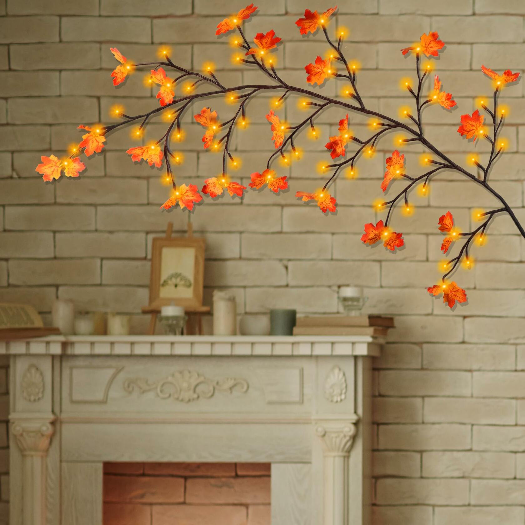 PAJH Fall Thanksgiving Garland 5.25ft 72 LED 8 Modes Orange Leaf Lights