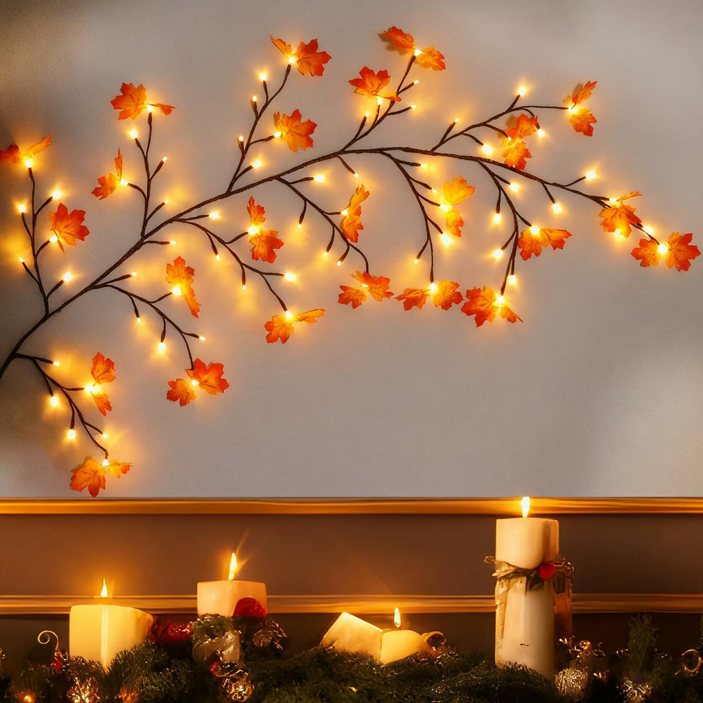 PAJH Fall Thanksgiving Garland 5.25ft 72 LED 8 Modes Orange Leaf Lights