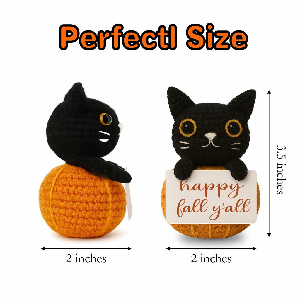 Skyists Crochet Black Cat Plush with Happy Fall Y'All Sign 3.74in Orange Black